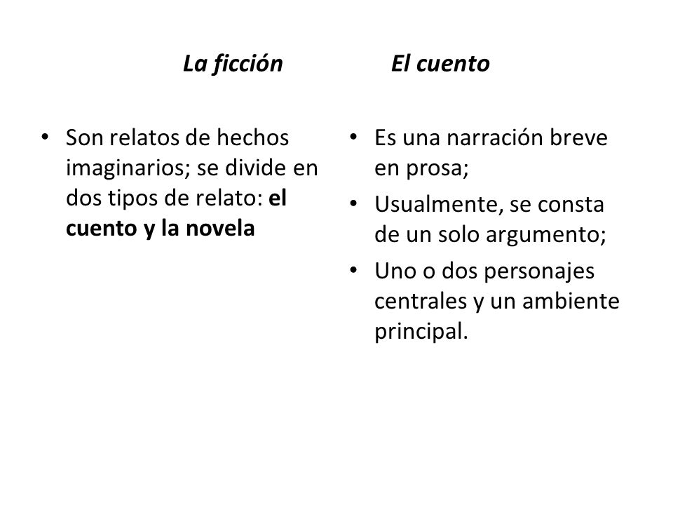La ficción El cuento Son relatos de hechos imaginarios; se divide en dos tipos de relato: el cuento y la novela.