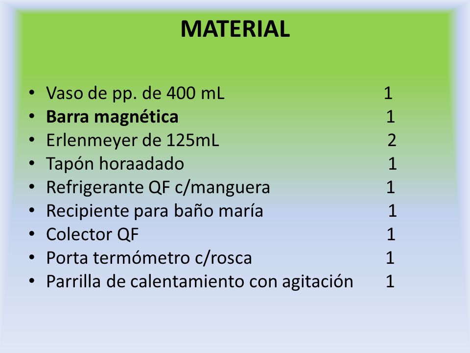 MATERIAL Vaso de pp. de 400 mL 1 Barra magnética 1