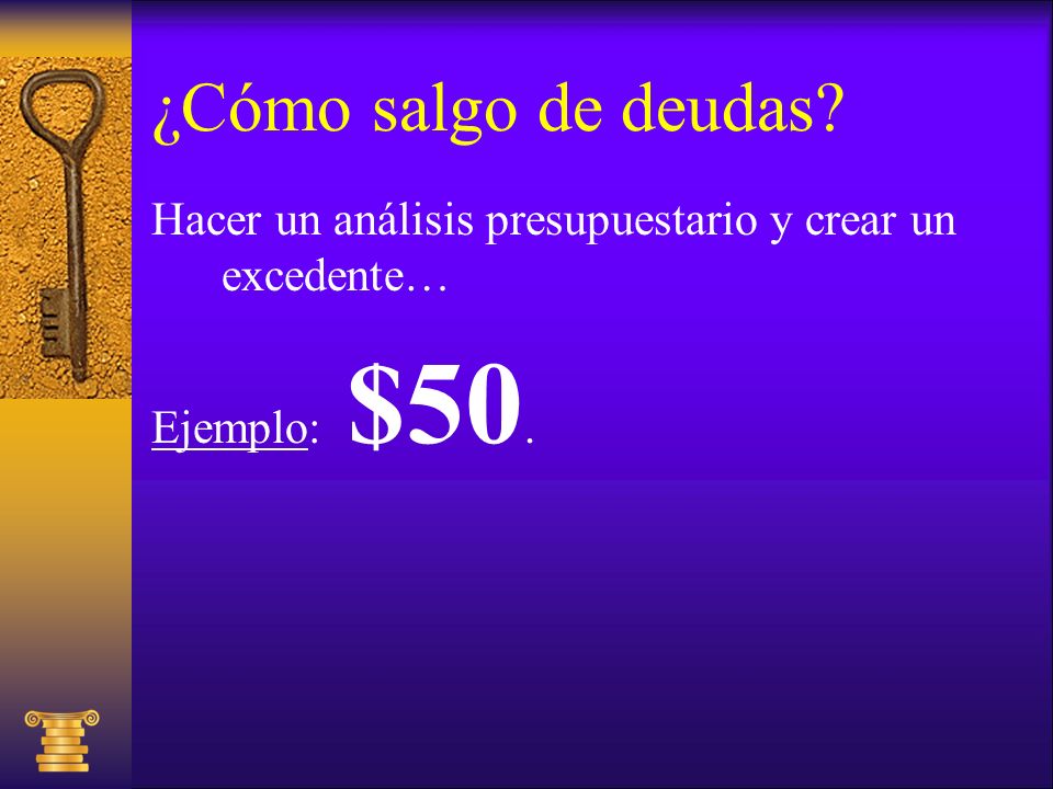¿Cómo salgo de deudas Hacer un análisis presupuestario y crear un excedente… Ejemplo: $50.