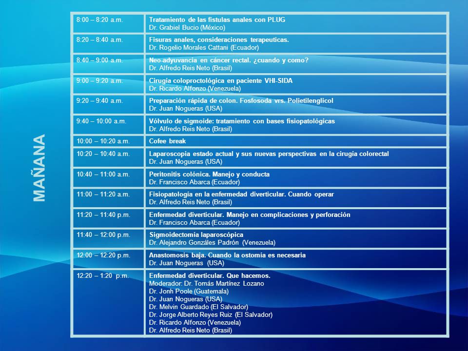 MAÑANA 8:00 – 8:20 a.m. Tratamiento de las fistulas anales con PLUG