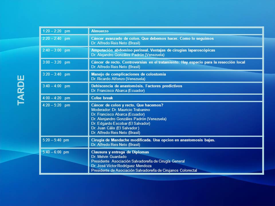 TARDE 1:20 – 2:20 pm Almuerzo 2:20 – 2:40 pm