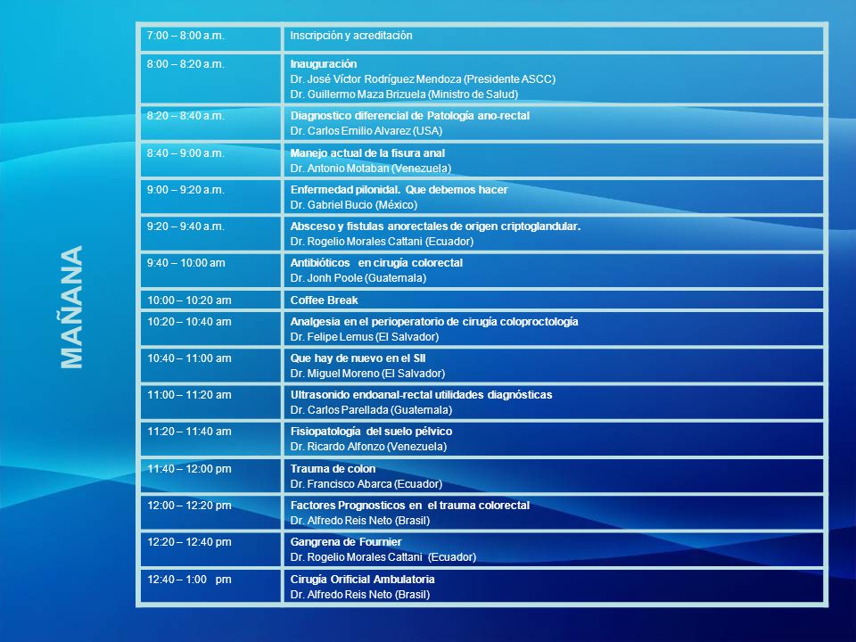MAÑANA 7:00 – 8:00 a.m. Inscripción y acreditación 8:00 – 8:20 a.m.