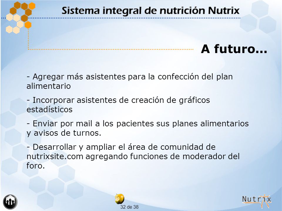 A futuro... Agregar más asistentes para la confección del plan alimentario. - Incorporar asistentes de creación de gráficos estadísticos.