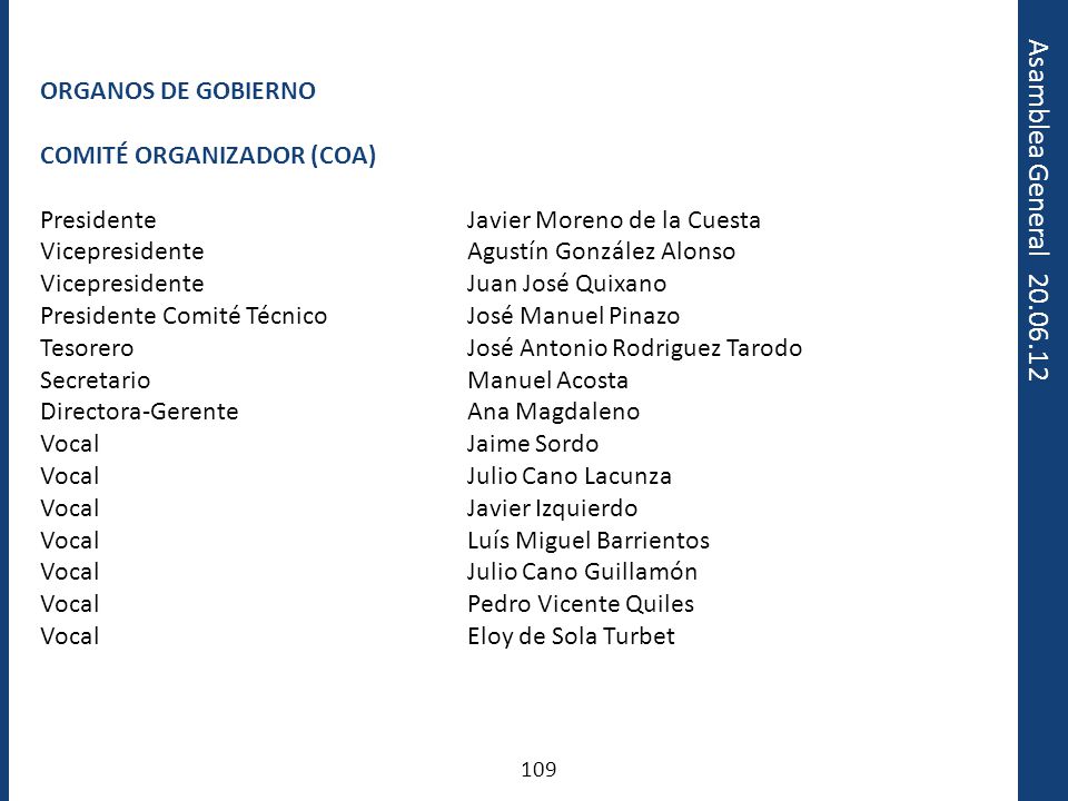 ORGANOS DE GOBIERNO COMITÉ ORGANIZADOR (COA) Presidente Javier Moreno de la Cuesta. Vicepresidente Agustín González Alonso.