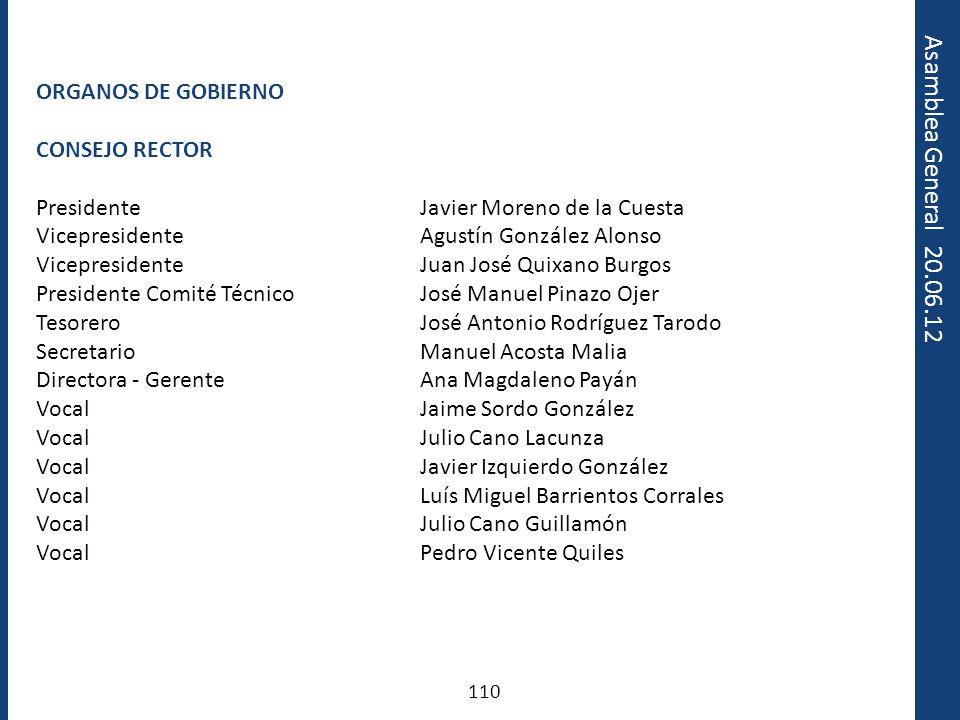 ORGANOS DE GOBIERNO CONSEJO RECTOR. Presidente Javier Moreno de la Cuesta. Vicepresidente Agustín González Alonso.