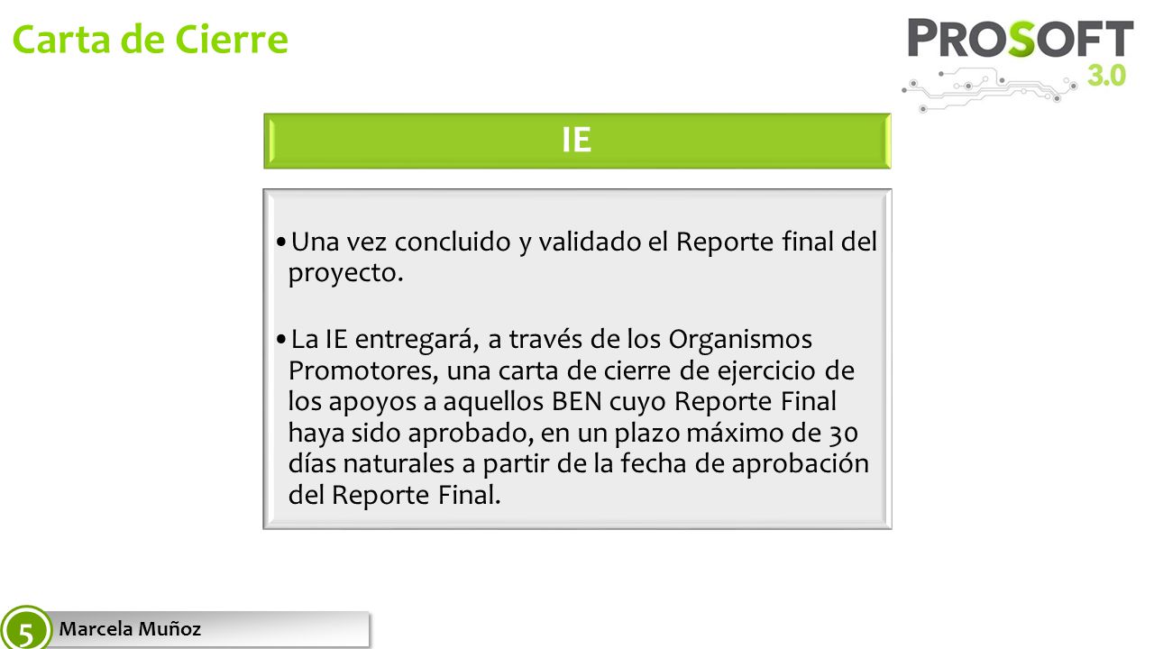 Carta de Cierre IE. Una vez concluido y validado el Reporte final del proyecto.