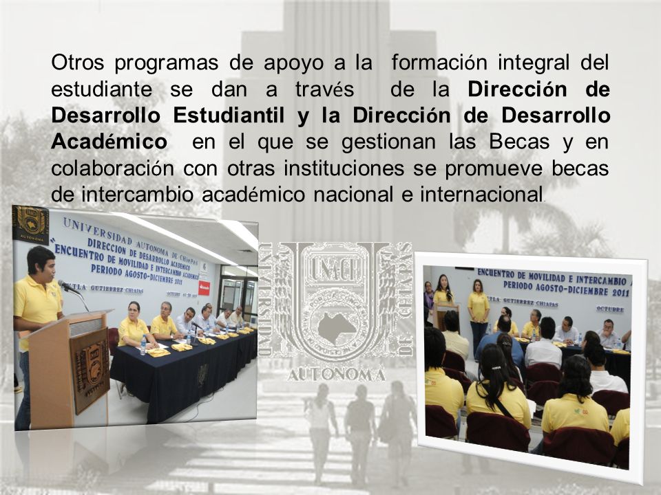 Otros programas de apoyo a la formación integral del estudiante se dan a través de la Dirección de Desarrollo Estudiantil y la Dirección de Desarrollo Académico en el que se gestionan las Becas y en colaboración con otras instituciones se promueve becas de intercambio académico nacional e internacional.