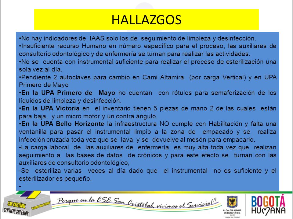 HALLAZGOS No hay indicadores de IAAS solo los de seguimiento de limpieza y desinfección.