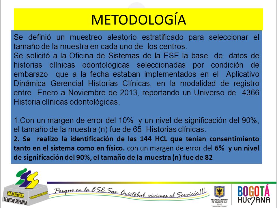METODOLOGÍA Se definió un muestreo aleatorio estratificado para seleccionar el tamaño de la muestra en cada uno de los centros.