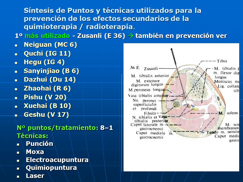 Síntesis de Puntos y técnicas utilizados para la prevención de los efectos secundarios de la quimioterapia / radioterapia.