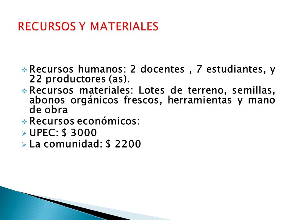RECURSOS Y MATERIALES Recursos humanos: 2 docentes , 7 estudiantes, y 22 productores (as).