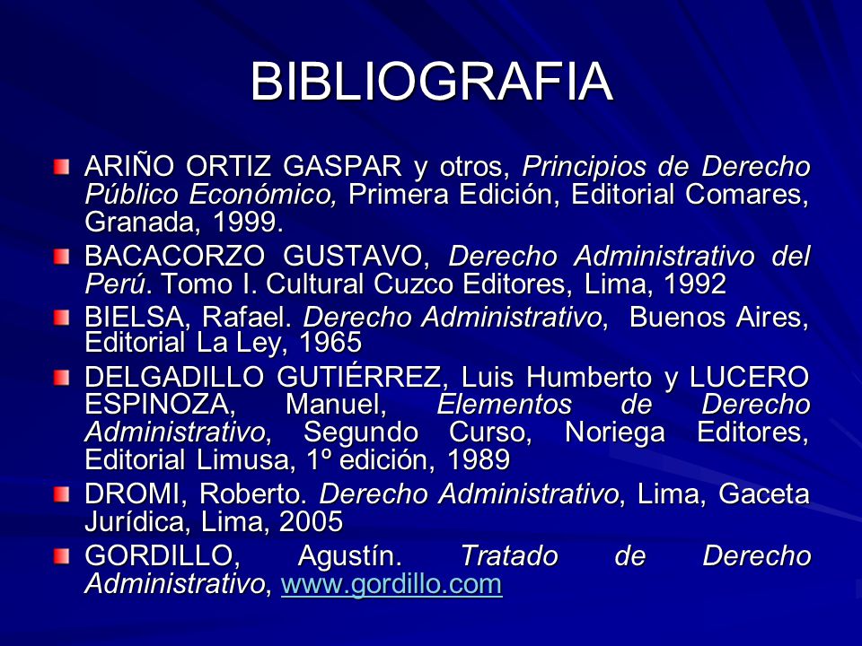 BIBLIOGRAFIA ARIÑO ORTIZ GASPAR y otros, Principios de Derecho Público Económico, Primera Edición, Editorial Comares, Granada,