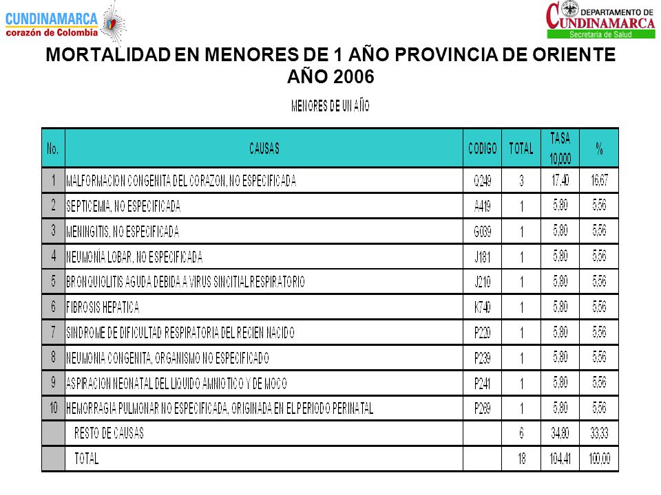 MORTALIDAD EN MENORES DE 1 AÑO PROVINCIA DE ORIENTE AÑO 2006