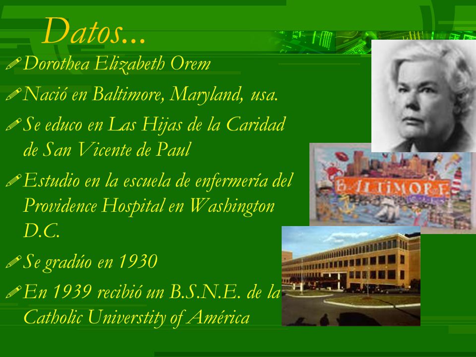 Datos... Dorothea Elizabeth Orem Nació en Baltimore, Maryland, usa.