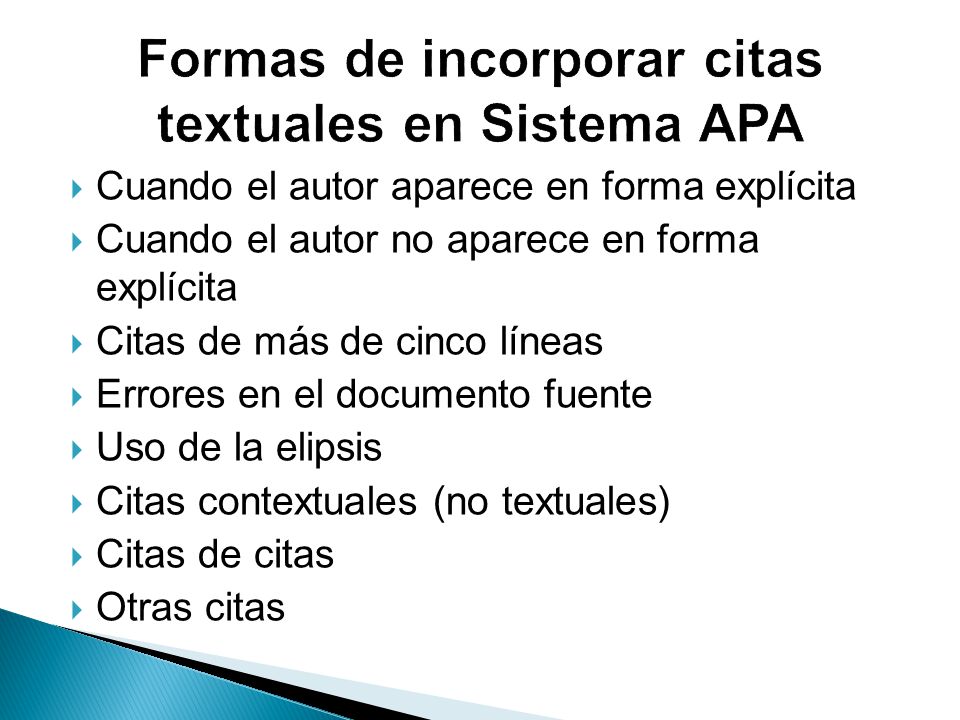 Formas de incorporar citas textuales en Sistema APA