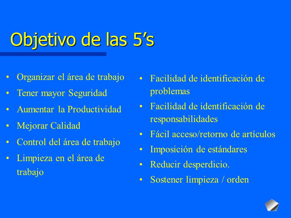 Objetivo de las 5’s Organizar el área de trabajo Tener mayor Seguridad