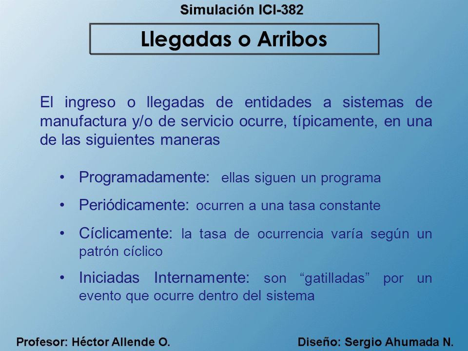Llegadas o Arribos El ingreso o llegadas de entidades a sistemas de manufactura y/o de servicio ocurre, típicamente, en una de las siguientes maneras.