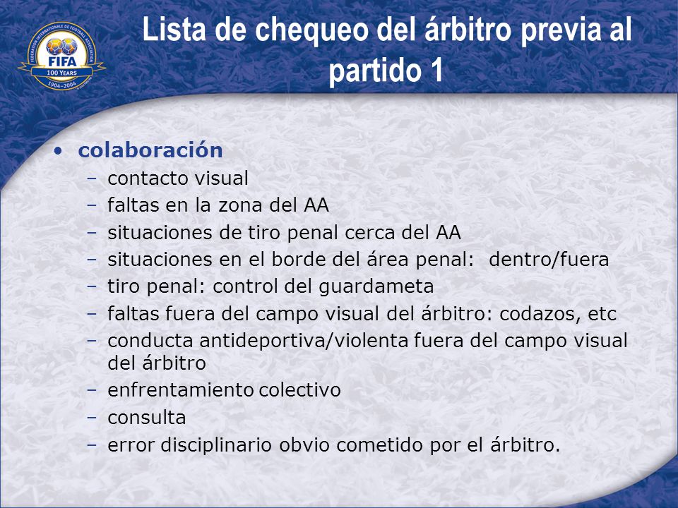 Lista de chequeo del árbitro previa al partido 1