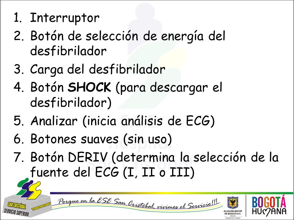 Interruptor Botón de selección de energía del desfibrilador. Carga del desfibrilador. Botón SHOCK (para descargar el desfibrilador)