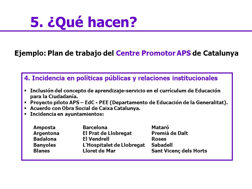 5. ¿Qué hacen Ejemplo: Plan de trabajo del Centre Promotor APS de Catalunya. 4. Incidencia en políticas públicas y relaciones institucionales.