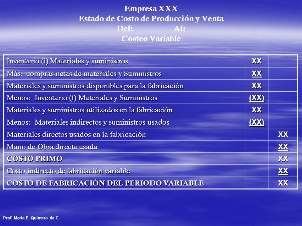 Empresa XXX Estado de Costo de Producción y Venta Del: Al: Costeo Variable