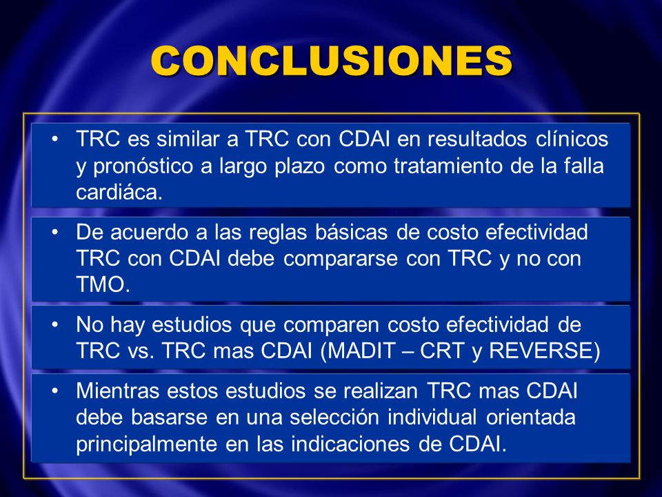 CONCLUSIONES TRC es similar a TRC con CDAI en resultados clínicos y pronóstico a largo plazo como tratamiento de la falla cardiáca.