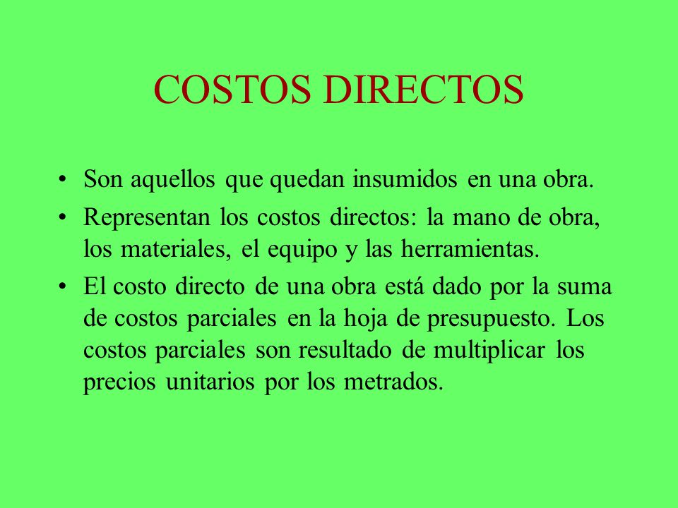 COSTOS DIRECTOS Son aquellos que quedan insumidos en una obra.