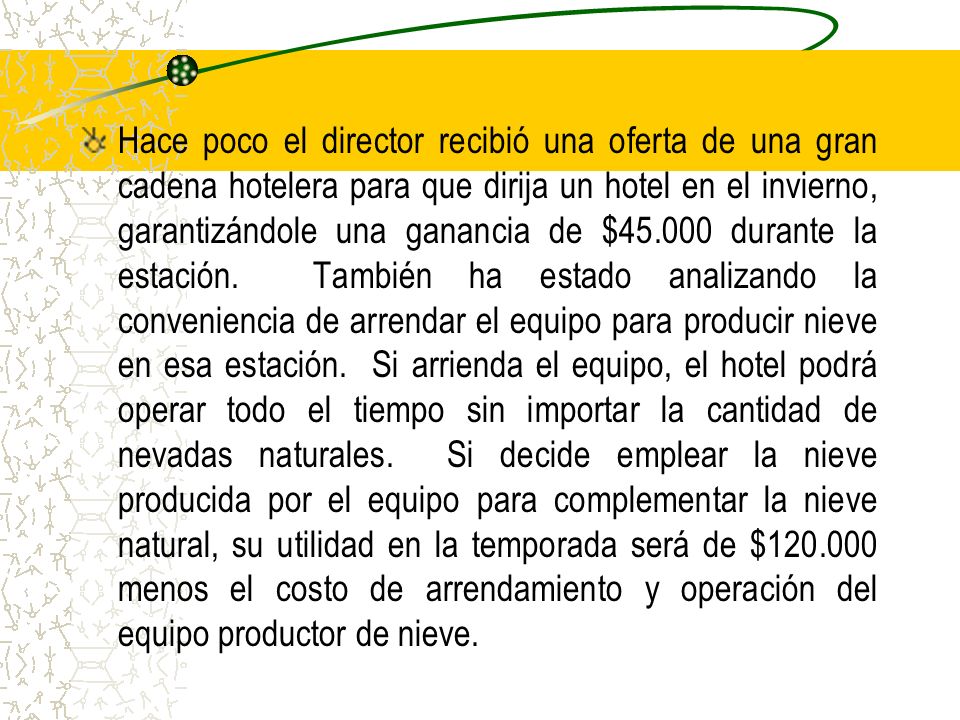 Hace poco el director recibió una oferta de una gran cadena hotelera para que dirija un hotel en el invierno, garantizándole una ganancia de $ durante la estación.