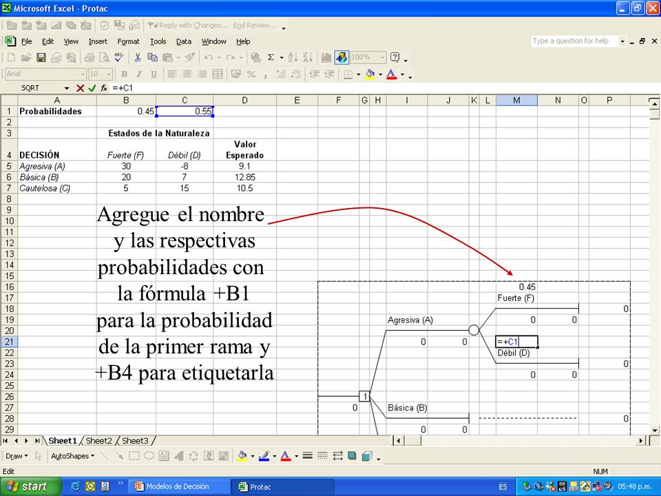 Agregue el nombre y las respectivas. probabilidades con. la fórmula +B1. para la probabilidad. de la primer rama y.