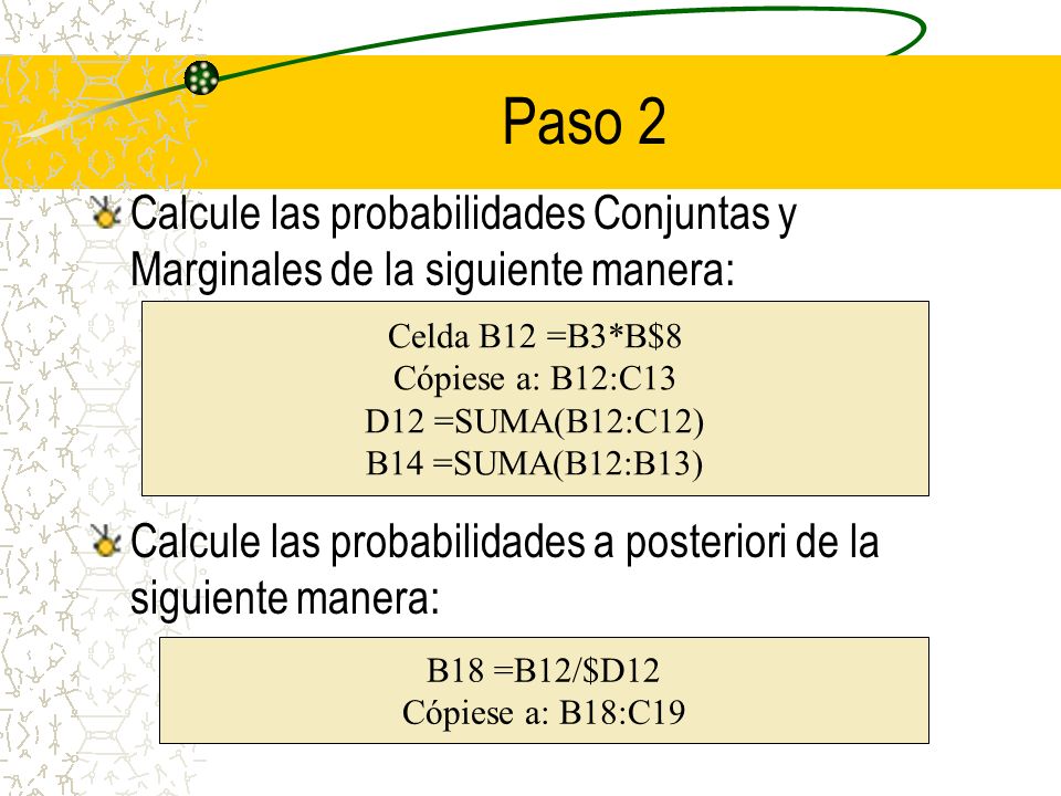 Paso 2 Calcule las probabilidades Conjuntas y Marginales de la siguiente manera: Calcule las probabilidades a posteriori de la siguiente manera: