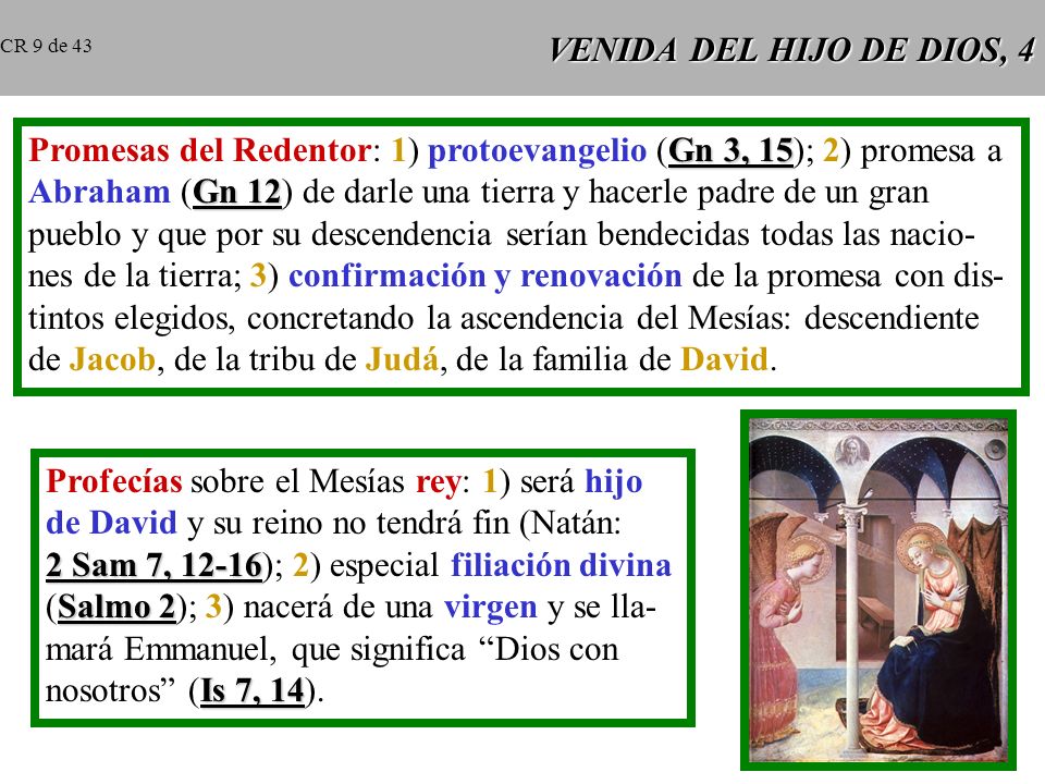 Promesas del Redentor: 1) protoevangelio (Gn 3, 15); 2) promesa a