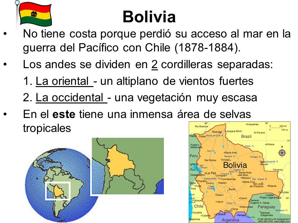 Bolivia No tiene costa porque perdió su acceso al mar en la guerra del Pacífico con Chile ( ).