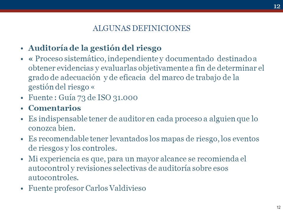 ALGUNAS DEFINICIONES Auditoría de la gestión del riesgo.