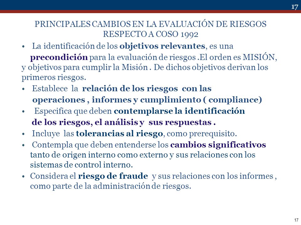 PRINCIPALES CAMBIOS EN LA EVALUACIÓN DE RIESGOS RESPECTO A COSO 1992