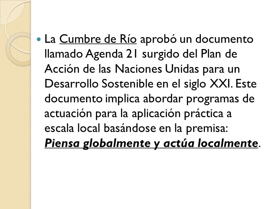 La Cumbre de Río aprobó un documento llamado Agenda 21 surgido del Plan de Acción de las Naciones Unidas para un Desarrollo Sostenible en el siglo XXI.