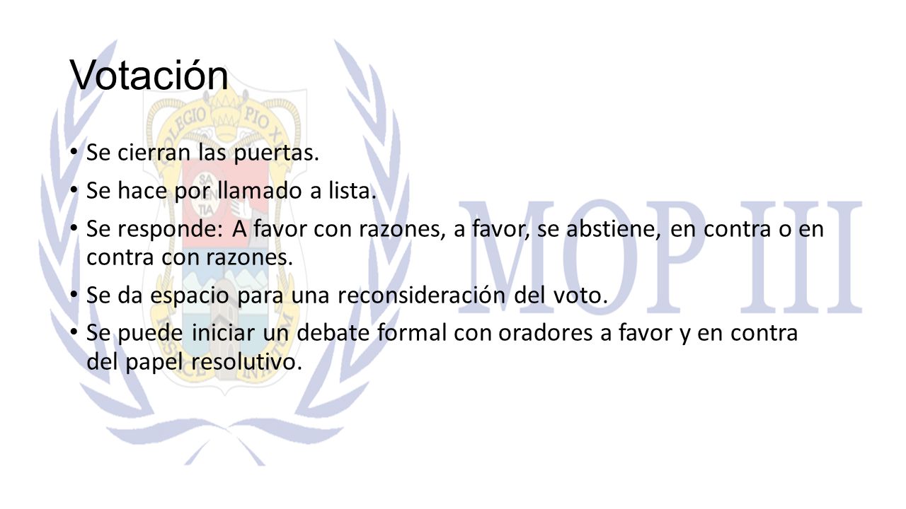 Votación Se cierran las puertas. Se hace por llamado a lista.