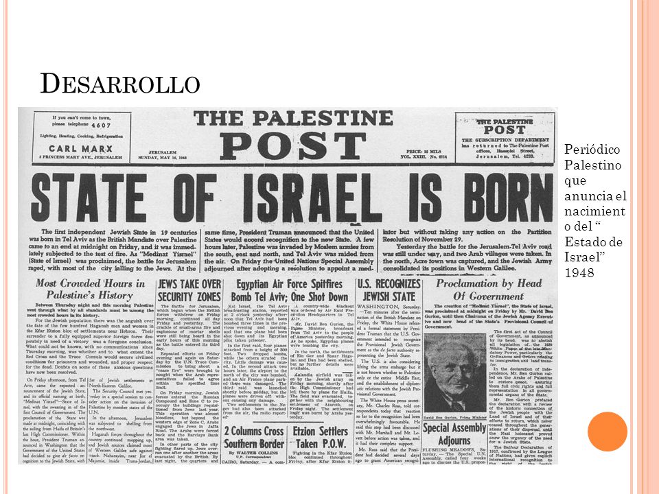 Desarrollo Periódico Palestino que anuncia el nacimiento del Estado de Israel 1948