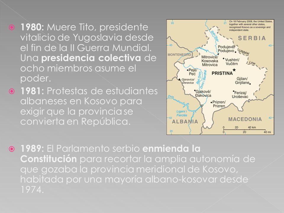 1980: Muere Tito, presidente vitalicio de Yugoslavia desde el fin de la II Guerra Mundial. Una presidencia colectiva de ocho miembros asume el poder.