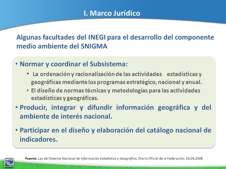 I. Marco Jurídico Algunas facultades del INEGI para el desarrollo del componente medio ambiente del SNIGMA.