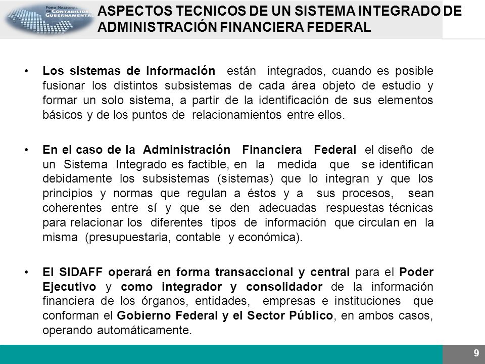 ASPECTOS TECNICOS DE UN SISTEMA INTEGRADO DE ADMINISTRACIÓN FINANCIERA FEDERAL
