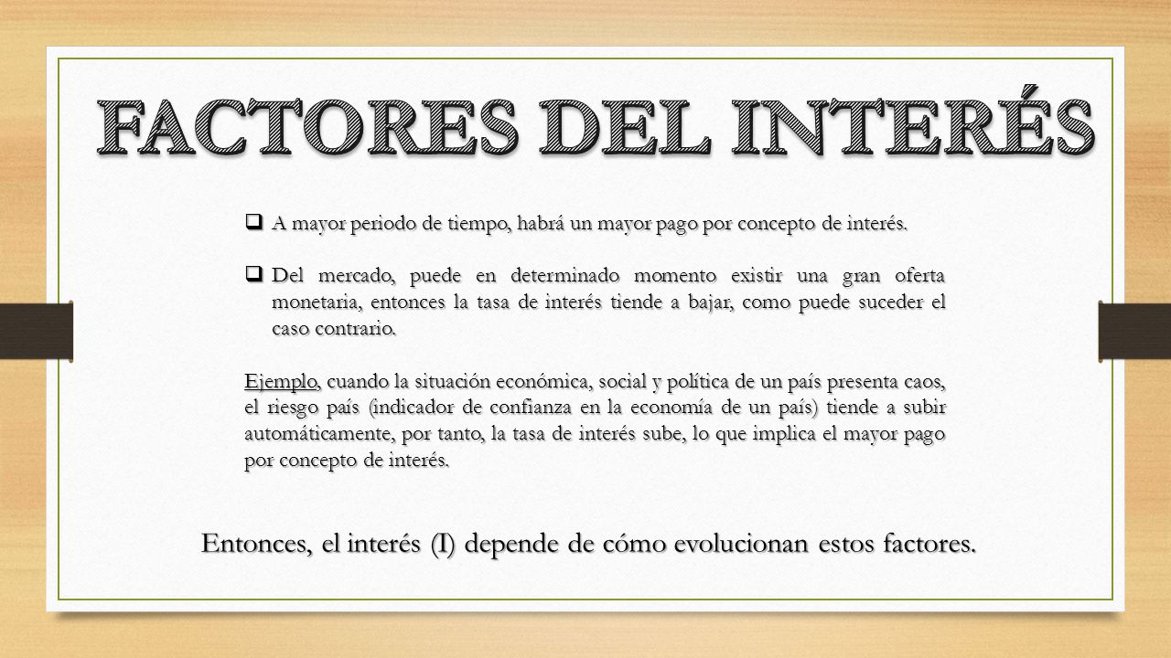 FACTORES DEL INTERÉS A mayor periodo de tiempo, habrá un mayor pago por concepto de interés.