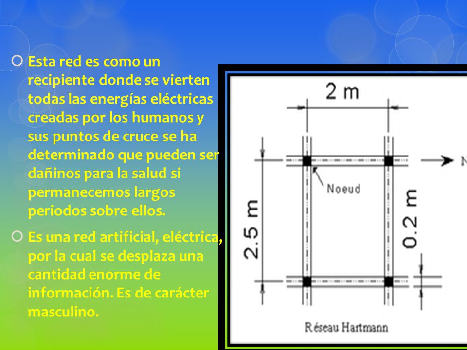 Esta red es como un recipiente donde se vierten todas las energías eléctricas creadas por los humanos y sus puntos de cruce se ha determinado que pueden ser dañinos para la salud si permanecemos largos periodos sobre ellos.