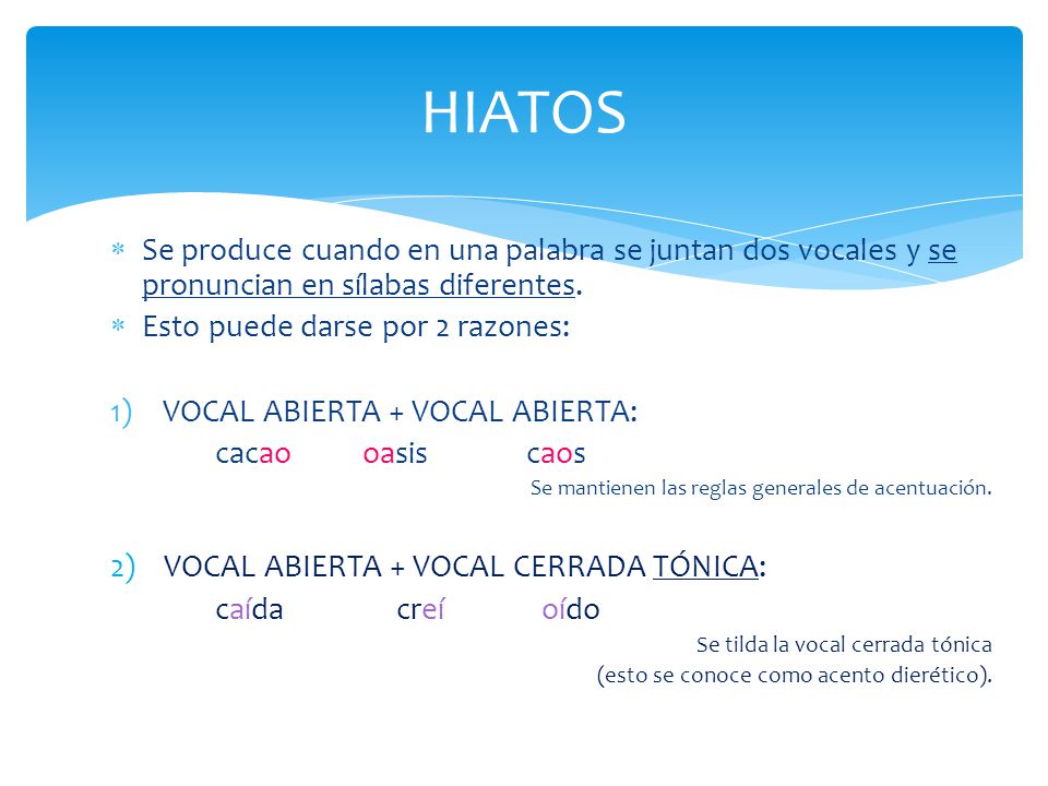 HIATOS Se produce cuando en una palabra se juntan dos vocales y se pronuncian en sílabas diferentes.