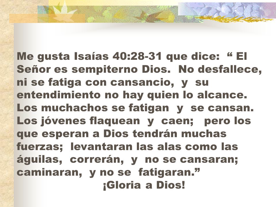 Me gusta Isaías 40:28-31 que dice: El Señor es sempiterno Dios