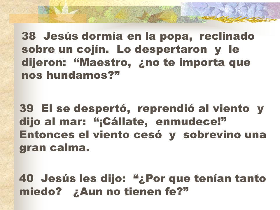 38 Jesús dormía en la popa, reclinado sobre un cojín