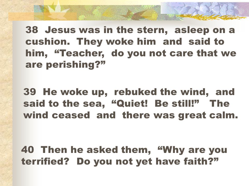 38 Jesus was in the stern, asleep on a cushion