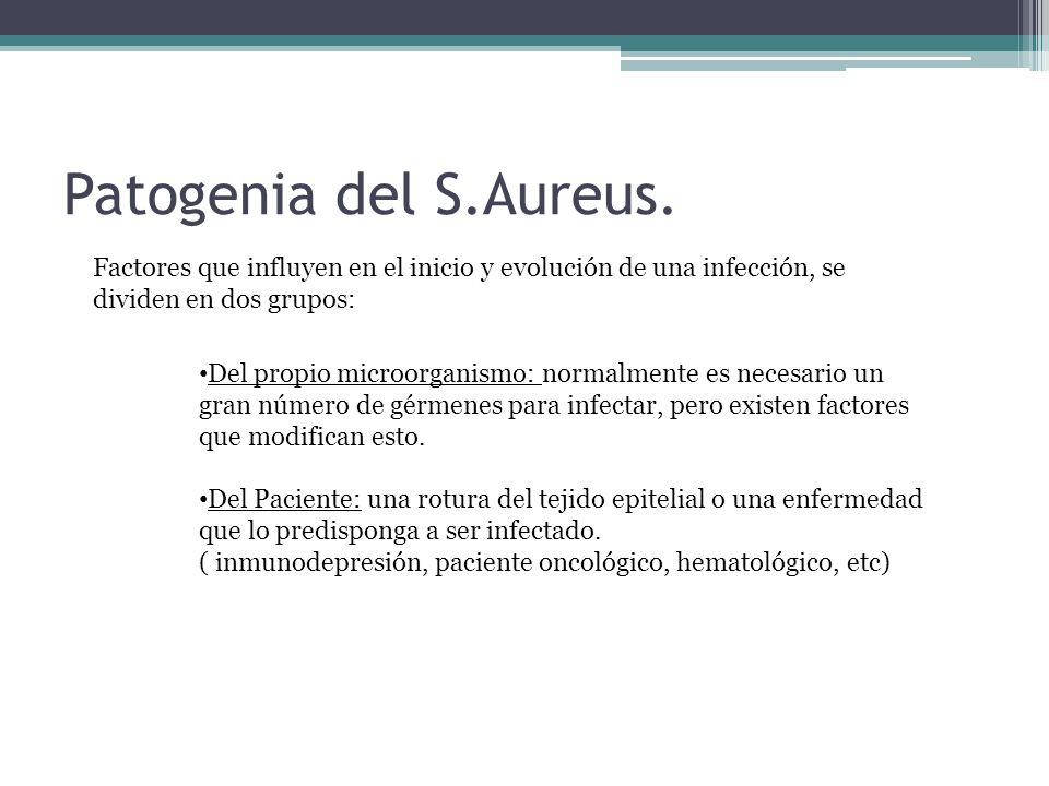 Patogenia del S.Aureus. Factores que influyen en el inicio y evolución de una infección, se dividen en dos grupos: