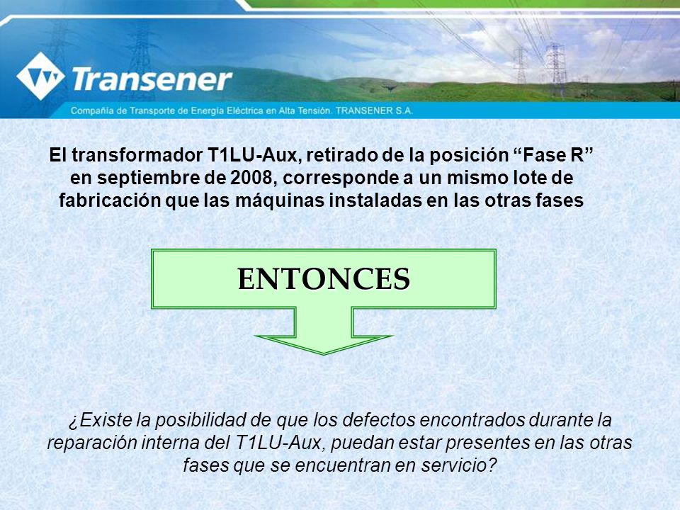 El transformador T1LU-Aux, retirado de la posición Fase R en septiembre de 2008, corresponde a un mismo lote de fabricación que las máquinas instaladas en las otras fases