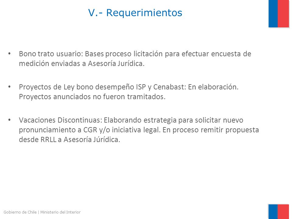 V.- Requerimientos Bono trato usuario: Bases proceso licitación para efectuar encuesta de medición enviadas a Asesoría Jurídica.