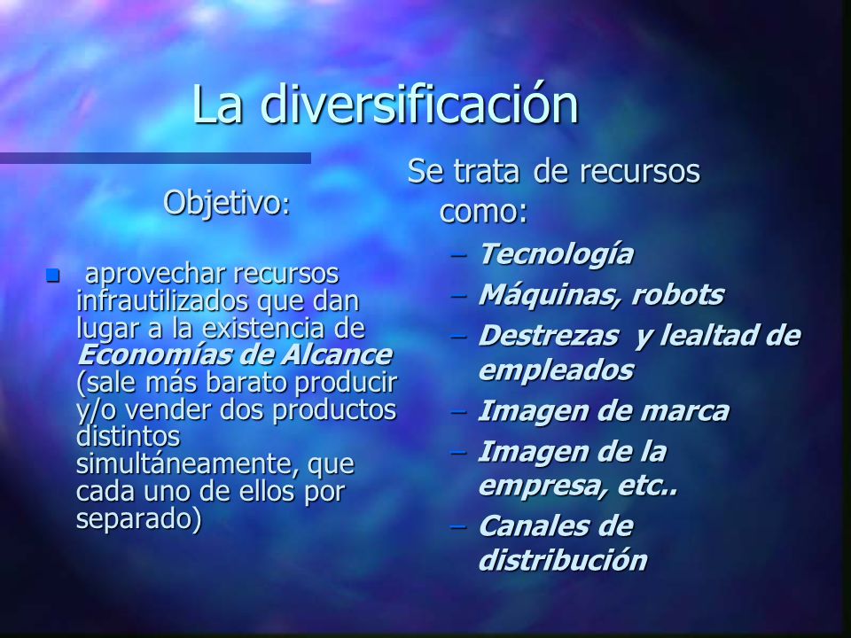 La diversificación Se trata de recursos como: Objetivo: Tecnología